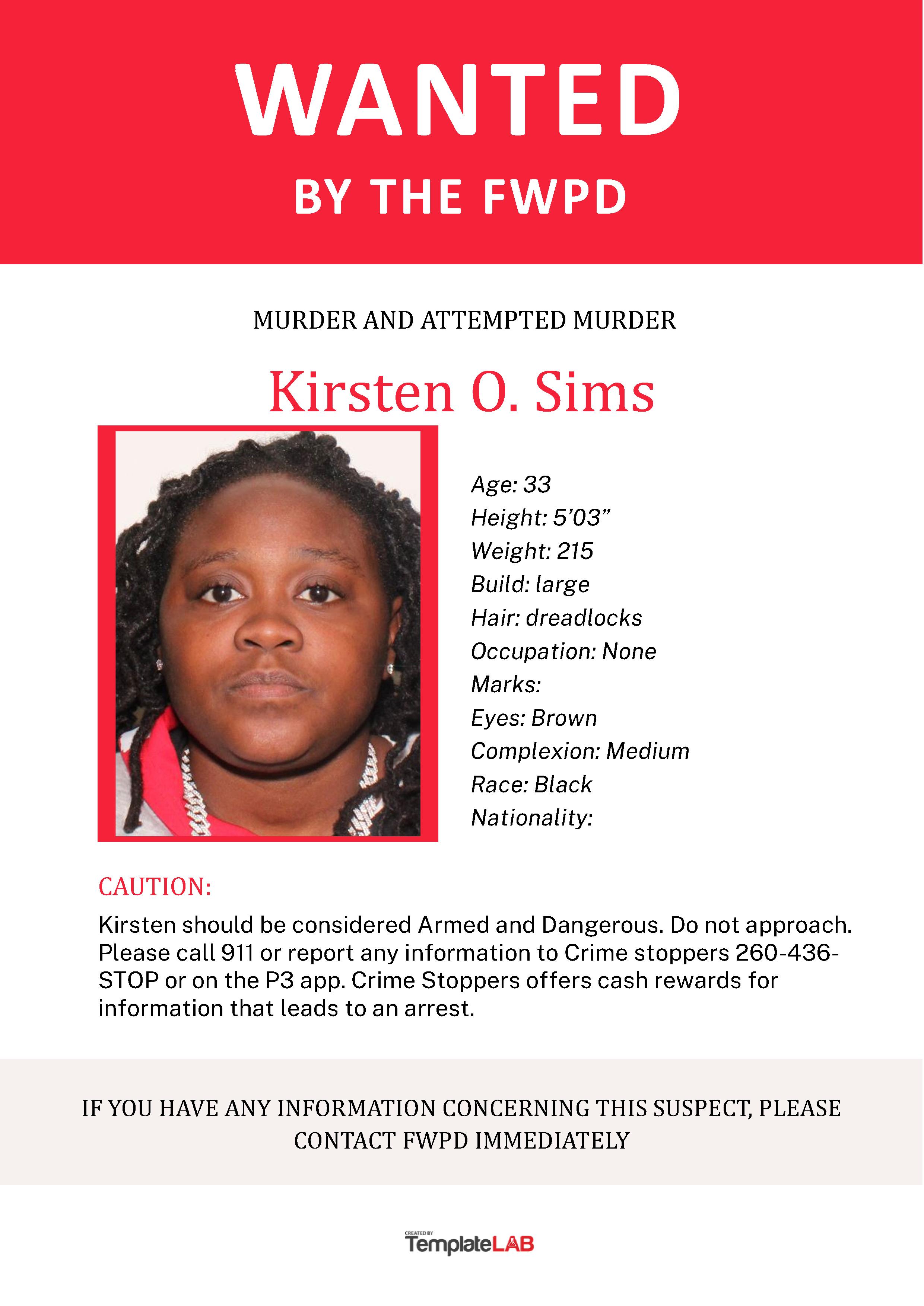 Wanted Poster Kirsten Sims